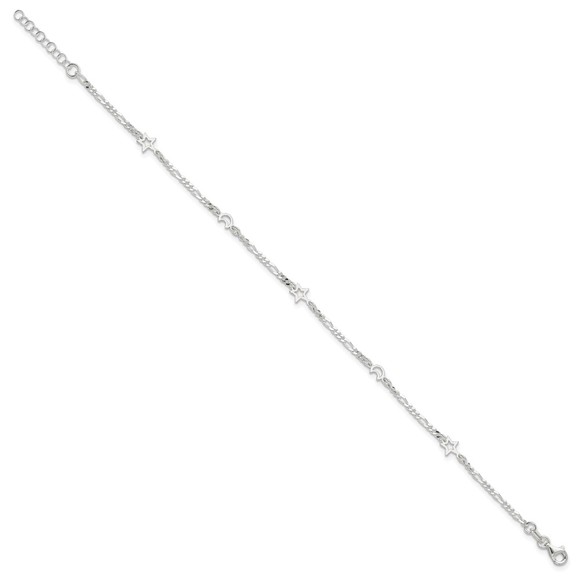 925 Sterling Silver Polished Moon and Star Charms 9" + 1" Ext. Jewelry Anklet - Picture 2 of 7